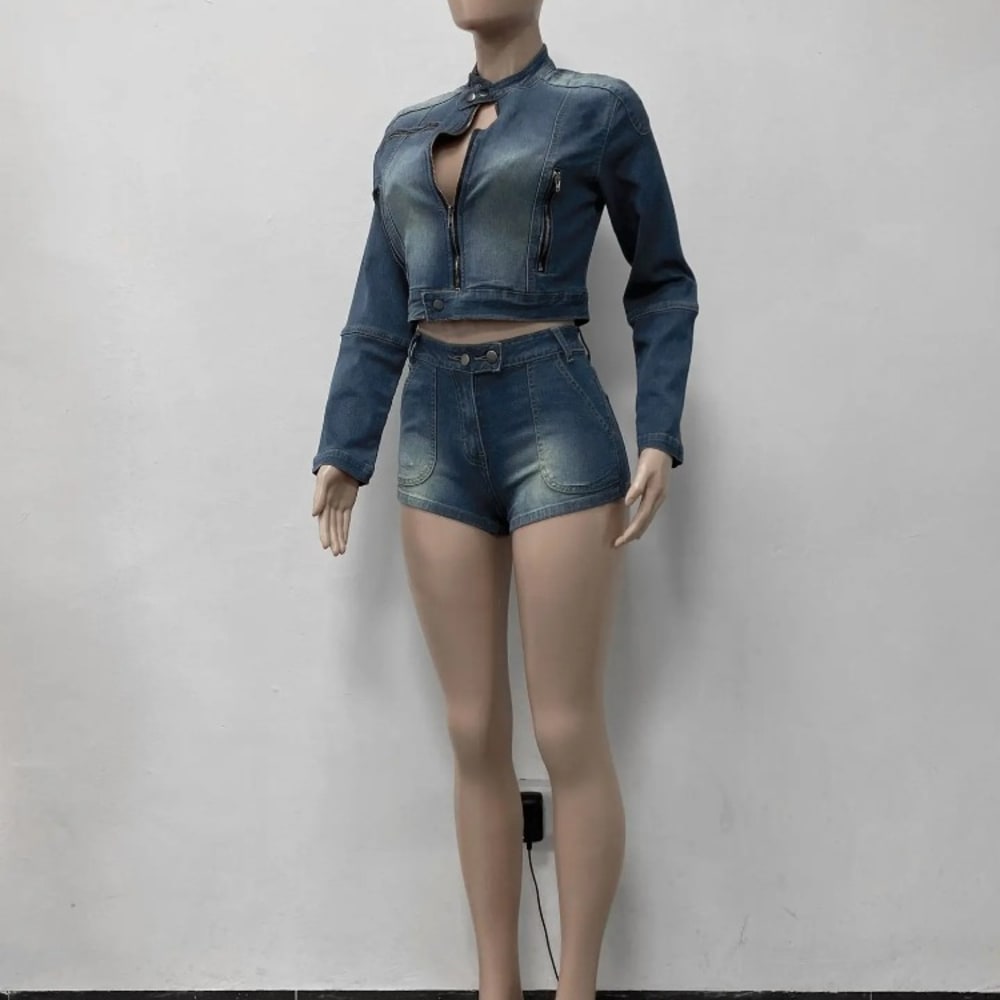 2024 New Spring Stretch Denim 2-Piece Set: Crop Top + Shorts